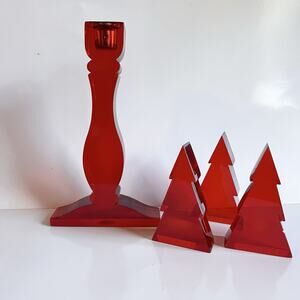 Vintage Christmas Lucite Candle Holder And Three Christmas Trees